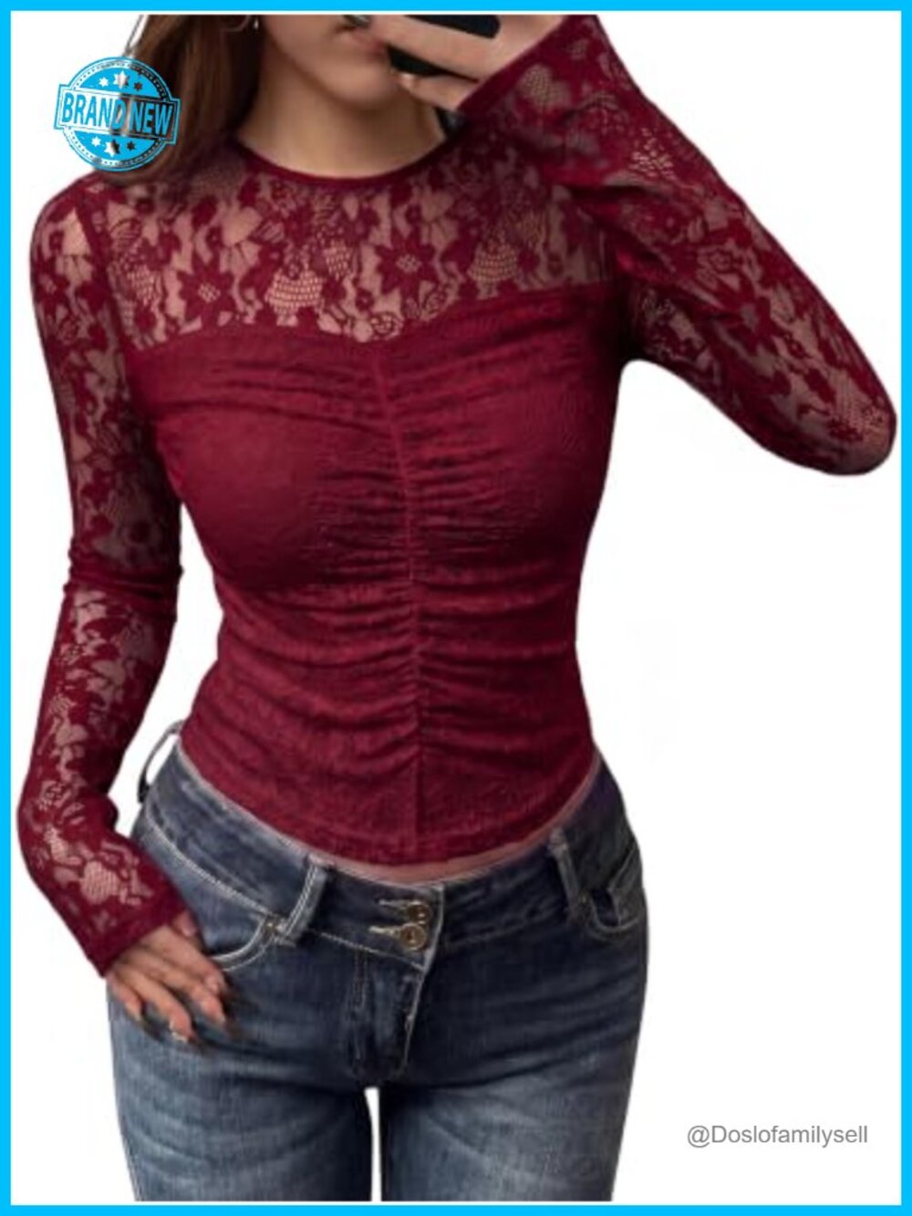 Lace Mesh Long Sleeve Sheer Crew Neck Ruched Blouse Party Top